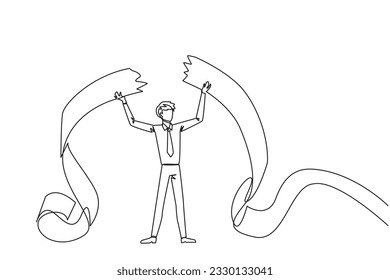 Single one line drawing of businessman stood up and tore off billing paper dangling to the floor held above his head. Failing to pay bills makes a businessman full of emotions. Continuous line design