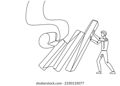 Single one line drawing of businessman holds back pile of walls resembling collapsed bills. Withstand onslaught of bills that accumulate by holding back unnecessary business expenses. Continuous line