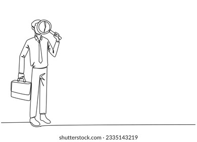 Single one line drawing businessman stood holding a magnifier and the other holding a briefcase. Look for the smallest possible opportunities for profit that can be exploited. Continuous line design