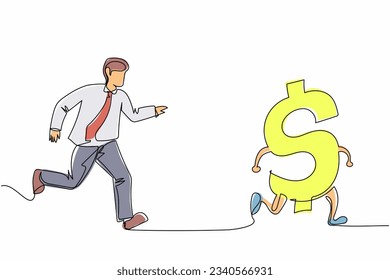 Single one line drawing businessman chasing dollar symbol, trying to catch it, return his money. Financial crisis, ROI, return on investment business. Continuous line draw design vector illustration