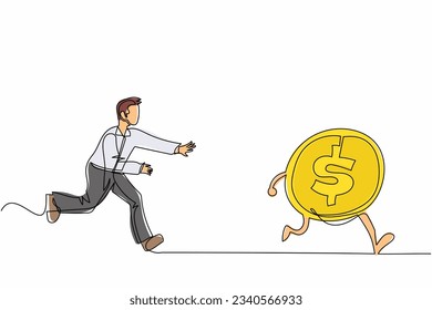 Single one line drawing businessman run chasing try to catch high performance attractive dollar coin. Chasing high performance active mutual fund. Continuous line design graphic vector illustration