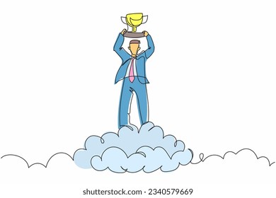Single one line drawing businessman holding trophy in cloud. Manager celebrates his victory in sky. Business success goal achievement. Winning award. Continuous line graphic design vector illustration