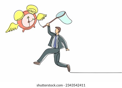 Single one line drawing businessman try to catching flying alarm clock with butterfly net. Male manager working with deadlines. Running out of time. Continuous line design graphic vector illustration