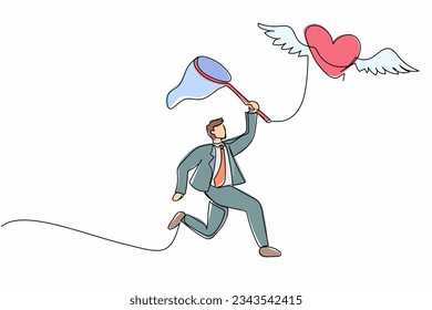 Single one line drawing businessman try to catching flying heart with butterfly net. Love, marriage, wedding, romance, relationship concept. Modern continuous line design graphic vector illustration