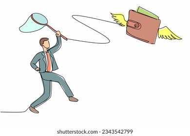 Single one line drawing businessman try to catching flying wallet with butterfly net. Losing money, spending, pay, wasteful, gone money, financial concept. Continuous line design vector illustration
