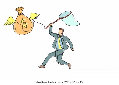 Single one line drawing businessman try to catching flying money bag with butterfly net. Achieving goals, profits, money. Striving for success. Continuous line draw design vector graphic illustration