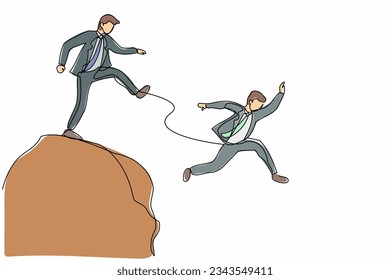 Single one line drawing businessman kick throw male colleague off cliff or hill. Man eliminate rival coworker at workplace. Rivalry and competition. Continuous line design graphic vector illustration