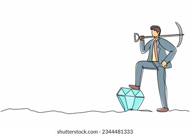 Single one line drawing businessman holding pickaxe on shoulder and kicking big diamond. Success business achievement exploring concept. Continuous line draw design graphic vector illustration