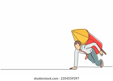 Single one line drawing businessman with rocket on back stand on start ready for business race. Excited motivated employee prepare for project launch. Continuous line draw design vector illustration