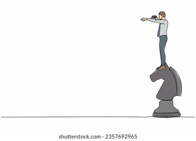 Single one line drawing of businessman on top of horse chess piece using telescope looking for success, opportunities, future trends. Business strategy. Continuous line draw design vector illustration