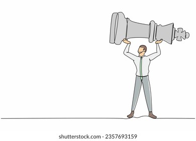 Single one line drawing businessman holding or lifting king chess piece. Successful entrepreneurship tactic, strategy, superiority in business. Continuous line draw design graphic vector illustration