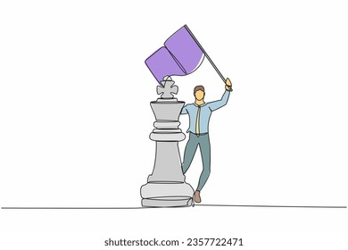 Single one line drawing businessman waving flag on king chess piece metaphor of win competition. Success strategy and goal achievement. Modern continuous line draw design graphic vector illustration
