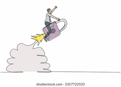 Single one line drawing of businessman riding padlock rocket flying in the sky. Improve startup business security. Keeping financial value high. Continuous line draw design graphic vector illustration