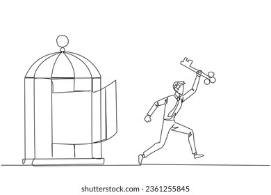 Single one line drawing businessman running out of the cage holding the key. The concept of freedom from something that binds. Freedom to advance business. Continuous line design graphic illustration