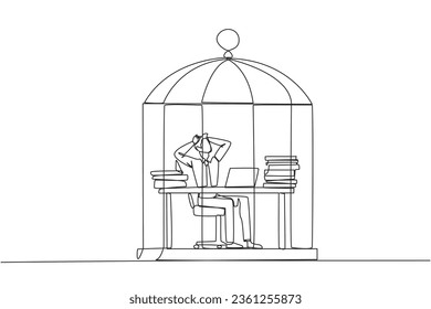 Single one line drawing businessman trapped in cage sitting on office chair holding head. Being in a routine trap. Tired and irritated with the daily grind. Continuous line design graphic illustration