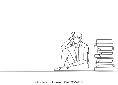 Single one line drawing businessman sitting near piles of work files. Too much work is stressful. Putting off work makes work neglected. Tired, unhappy. Continuous line design graphic illustration