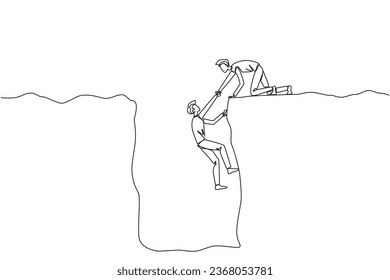 Single one line drawing businessman helps colleague climb a wide hole. Teamwork helps colleagues who have fallen. Inviting success together. Cohesive. Continuous line design graphic illustration