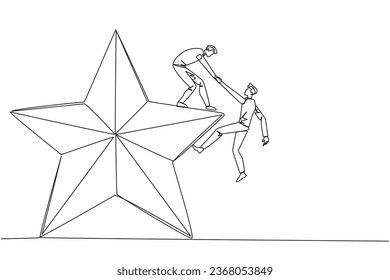 Single one line drawing businessman helps colleague climb big star. Metaphor of achieving dreams of success together. Have a very good career position. Continuous line design graphic illustration