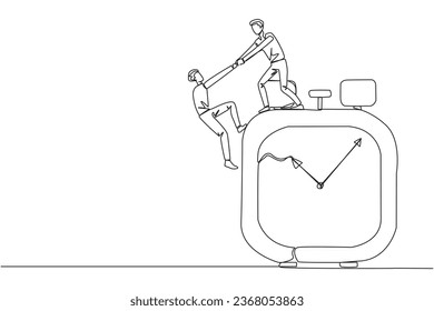 Single one line drawing businessman helps colleague climb the big alarm clock. Helping coworkers. Deadline is coming. Work together for better end result. Continuous line design graphic illustration