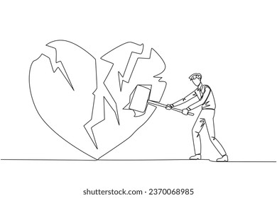 Single one line drawing businessman preparing to hit the big heart. Rampage. Broken heart. Loss of concentration. Emotional feeling. No direction. Angry. Continuous line design graphic illustration