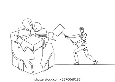 Single one line drawing businessman preparing to hit a big gift box. Businessman expresses disappointment and anger. Destroying everything in sight. Angry. Continuous line design graphic illustration