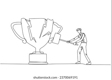 Single one line drawing businessman preparing to hit the big trophy. Rampage. Expressing mounting anger. Smashing the trophy with a sledgehammer. Failed. Continuous line design graphic illustration