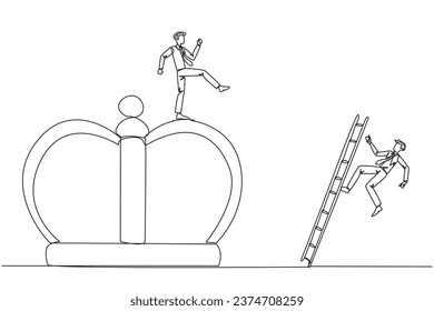 Single one line drawing businessman kicks opponent who is climbing the crown with a ladder. Making rivals fall from business glory. Unhealthy competition. Continuous line design graphic illustration