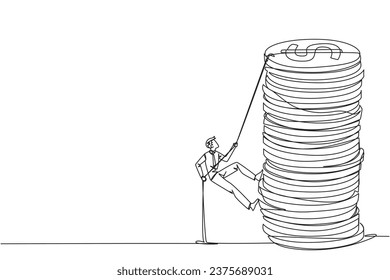Single one line drawing businessman climbs stack of coins with rope. The entrepreneur trying hard climbing the rope to reach top of coins. Better future. Continuous line design graphic illustration