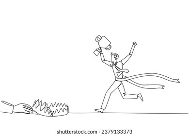 Single one line drawing businessman running with trophy. A dangerous business trap. A trap that really brings down a business. Fake friend. Traitor. Rival. Continuous line design graphic illustration