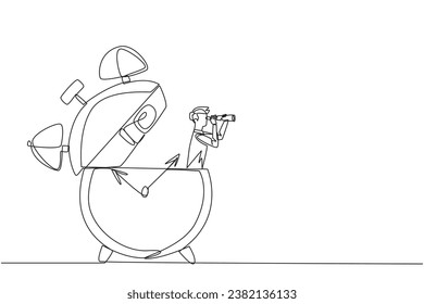 Single one line drawing businessman appears out of the alarm clock looking for something with binoculars. Time is ticking. Achieve business before deadline. Continuous line design graphic illustration
