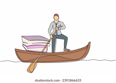 Single one line drawing businessman standing in boat and sailing with pile of papers. Manager escape from stack of documents, paperwork, overworked. Continuous line graphic design vector illustration