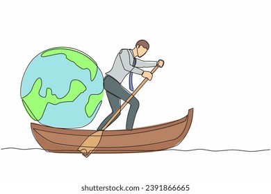 Single one line drawing of businessman standing in boat and sailing with globe. Taking trip around the world by ship. Tourism or travelling concept. Continuous line design graphic vector illustration