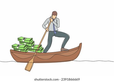 Single one line drawing businessman standing in boat and sailing with pile of banknote. Financial crime, tax evasion, money laundering, political corruption. Continuous line design vector illustration