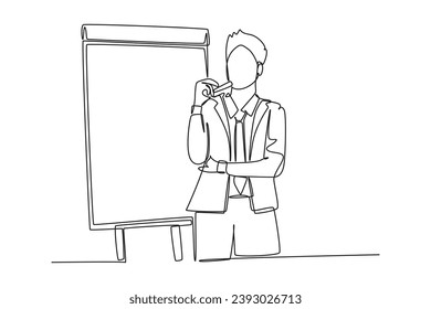 Einzeilige Zeichnung von Geschäftsmann-Moderator-Grafik auf dem Bildschirm-Board während der Sitzung. Business-Präsentation beim Bürokonzept. Grafische Vektorgrafik für kontinuierliche Zeilenzeichnung