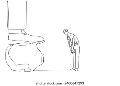 Single one line drawing businessman nodded in front of the giant foot that stepped on the piggy bank. Ideas. Nod in agreement. The importance of investment. Continuous line design graphic illustration