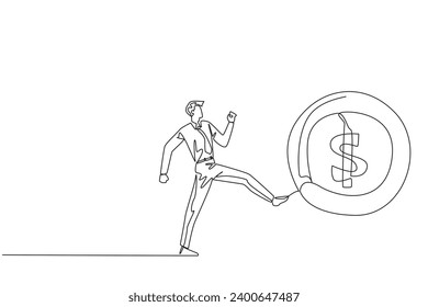 Single one line drawing businessman kicking a big coin with a dollar symbol. Throwing away an opportunity to get a chance. Indifferent to small profits. Continuous line design graphic illustration