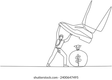 Single one line drawing businessman holds back the giant's foot that wants to step on the money bag. Restrain greed that wants to destroy business profits. Continuous line design graphic illustration