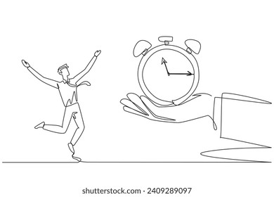 Single one line drawing the businessman was excited to get alarm clock from a giant hand. Most important gift. Work as best as possible. Time will follow. Continuous line design graphic illustration
