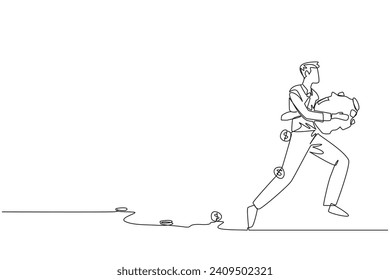 Single one line drawing businessman running while carrying a piggy bank with coins scattered around. Run to save company assets. Must always be profitable. Continuous line design graphic illustration