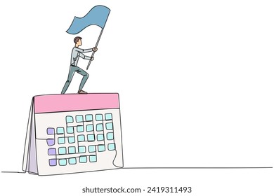 Single one line drawing of businessman standing on giant desk calendar raising flag. Starting small steps in a planned business pattern is key to success in achieving business profits. Continuous line