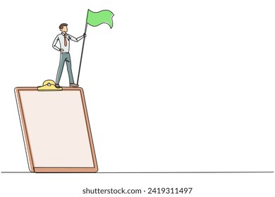 Single one line drawing of businessman standing on giant clipboard holding flag. Create a daily business plan for smooth running of the business. Planned business management concept .Continuous line