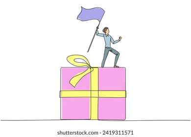 Single one line drawing of businessman standing on giant gift box raising flag. Businessman provide year-end bonuses to all employees. Business reward. Continuous line design graphic illustration