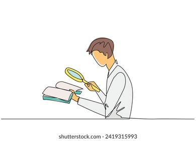 Single one line drawing  businessman holds the book and examines it with the magnifier.Businessman re-reads scientific studies so that his business avoids bankruptcy. Continuous line design graphic
