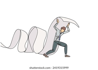 Single one line drawing of businessman held a long roll of billing paper dangling to floor with shoulders. Bear and keep paying amount of bills so the business continues to run. Continuous line design