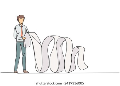 Single one line drawing of businessman held long billing paper dangling to floor with both hands. Worry about spending a lot of money because of large number of bill. Continuous line design graphic