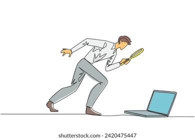 Single one line drawing businessman holding magnifying glass looking at laptop computer. Confused a programmer facing the bugs in the application he made. Continuous line design graphic illustration