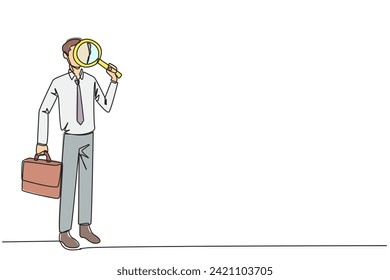 Single one line drawing businessman stood holding a magnifier and the other holding a briefcase. Look for the smallest possible opportunities for profit that can be exploited. Continuous line design