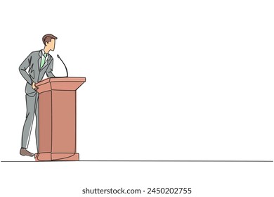 Single one line drawing businessman speech standing behind the podium. Give oration that world business can be more independent. Encourage through words. Continuous line design graphic illustration