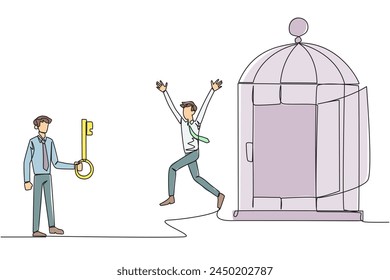 Single one line drawing businessman who was freed by colleagues from the trap of a cage. Teamwork metaphor. Growing business together. Great relationship. Continuous line design graphic illustration