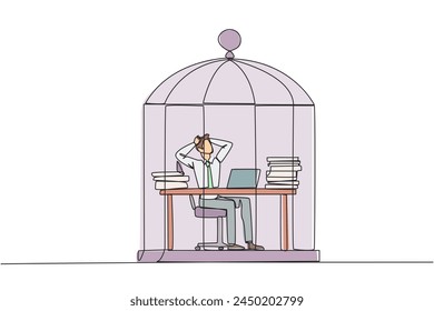 Single one line drawing businessman trapped in cage sitting on office chair holding head. Being in a routine trap. Tired and irritated with the daily grind. Continuous line design graphic illustration